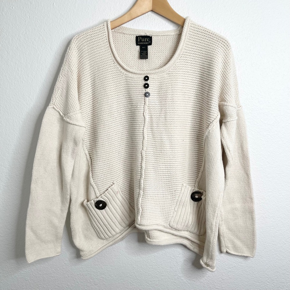 Pure Handknit Cream Cotton Knit Cardigan Sweater M/L Casual Button Front Pockets